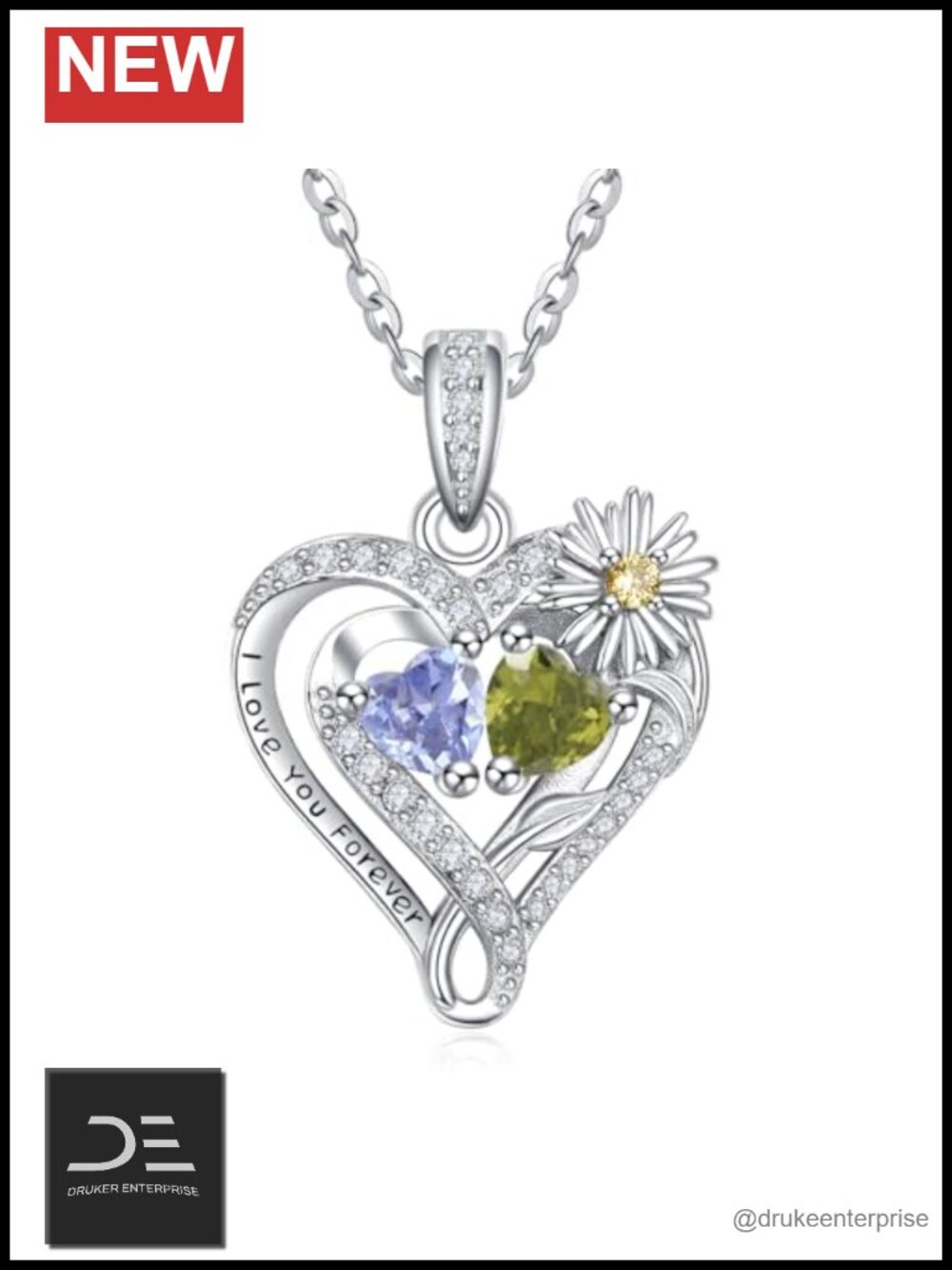 925 Sterling Silver Heart Pendant Necklace for Women, 2 Birthstones,